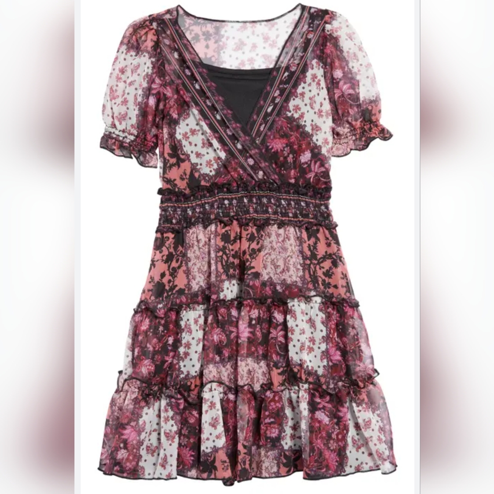 Marchesa Notte Mini Girl's Multicolor Patchwork-Print Wrap Front Dress, Size 8